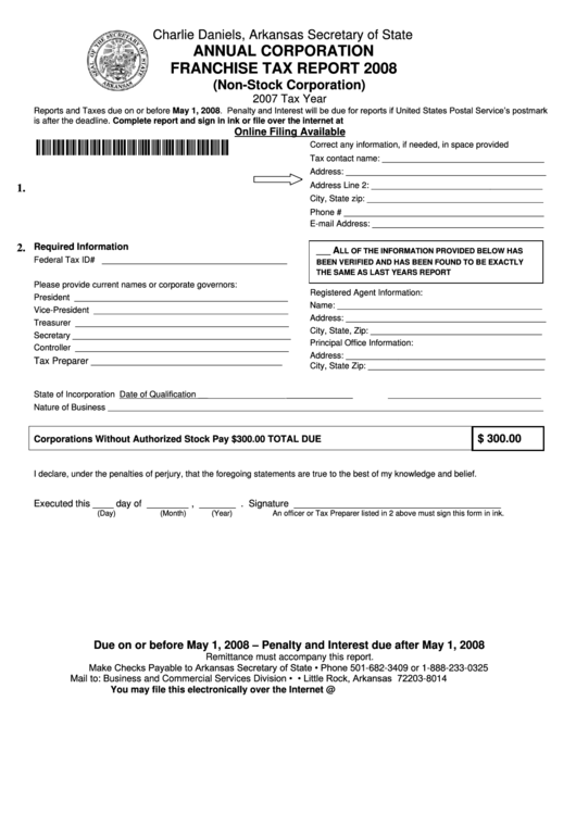 Annual Corporation Franchise Tax Report Form (Non-Stock Corporation) - Arkansas Secretary Of State - 2008 Printable pdf