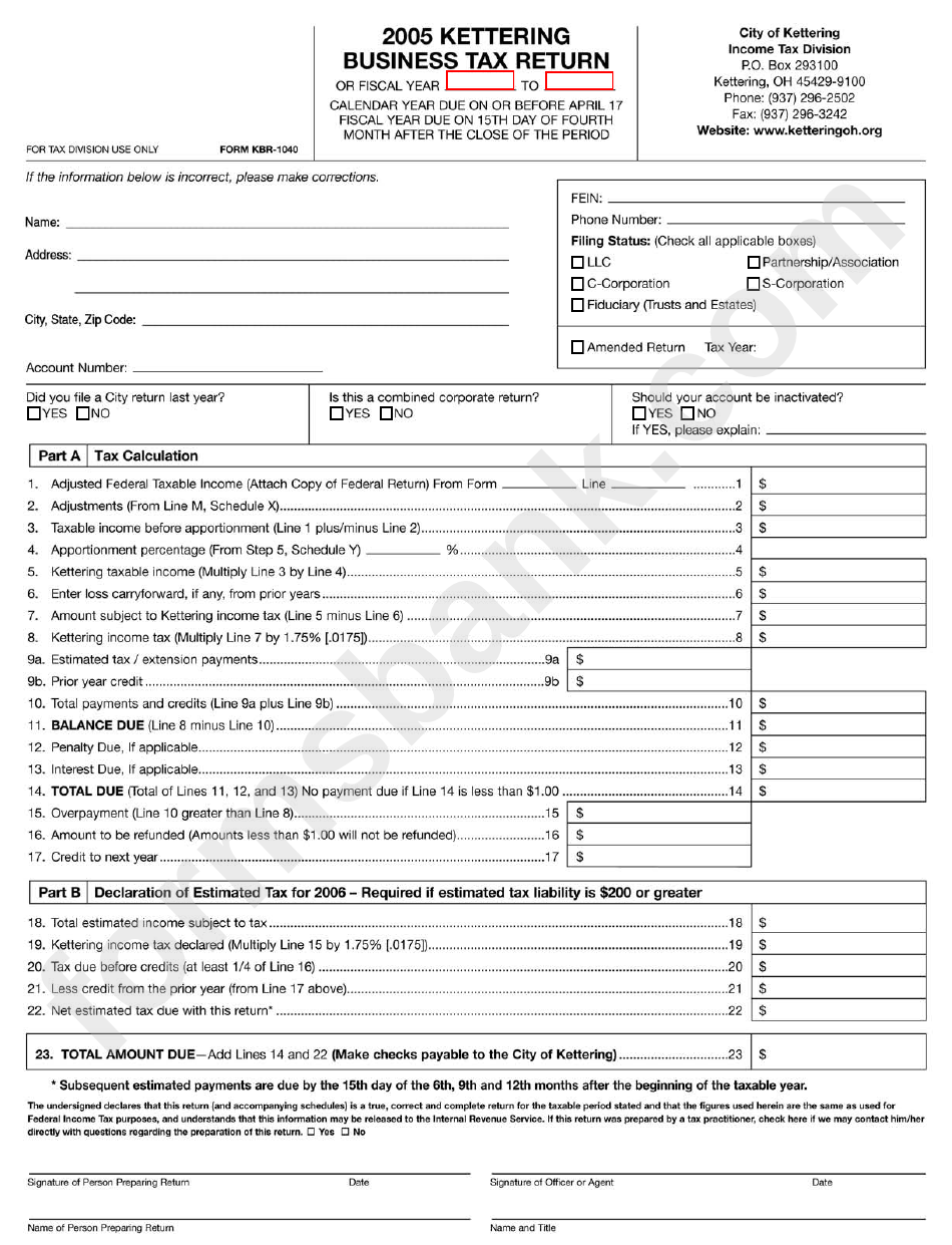 Form Kbr-1040 - Business Tax Return - Income Tax Division City Of Kettering 2005