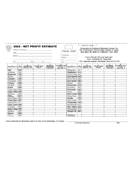Form Cca201 Es Net Profit Estimate 2002 printable pdf download