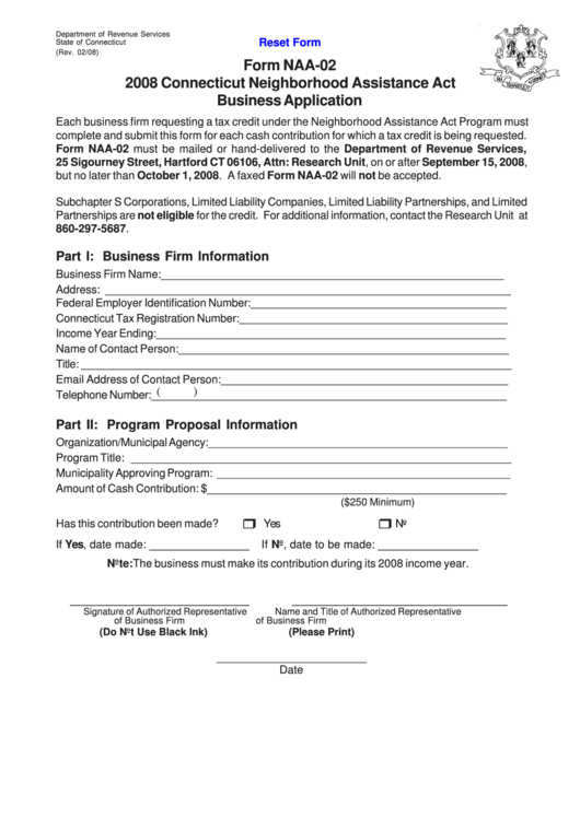 Fillable Form Naa-02 - 2008 Connecticut Neighborhood Assistance Act Business Application Printable pdf