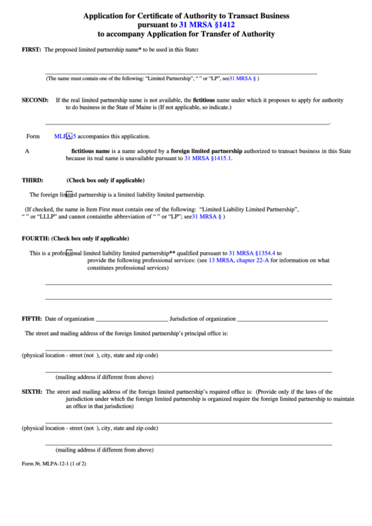 Fillable Form Mlpa-12-1 - Application For Certificate Of Authority To Transact Business Printable pdf