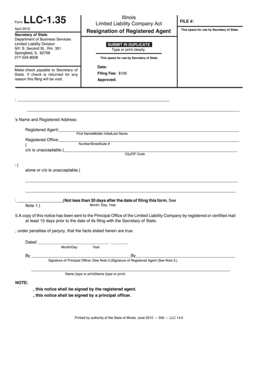 Fillable Form Llc-1.35 - Resignation Of Registered Agent - 2010 Printable pdf