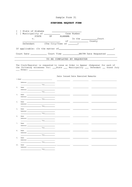 Fillable Form 31 - Subpoena Request Form Printable pdf