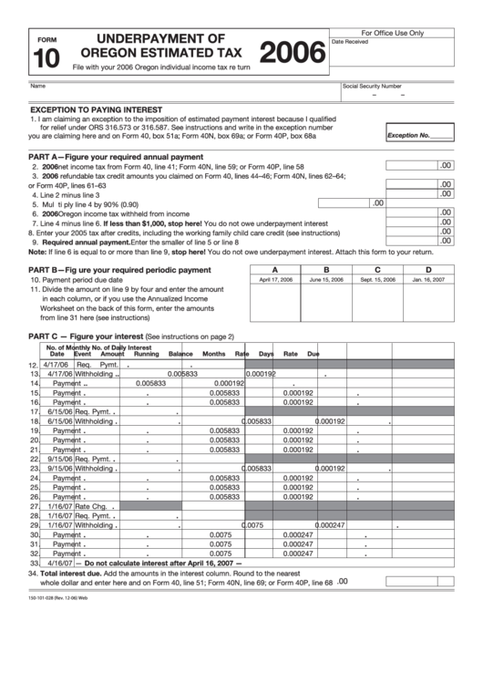 Fillable Form 10 - Underpayment Of Oregon Estimated Tax - 2006 Printable pdf