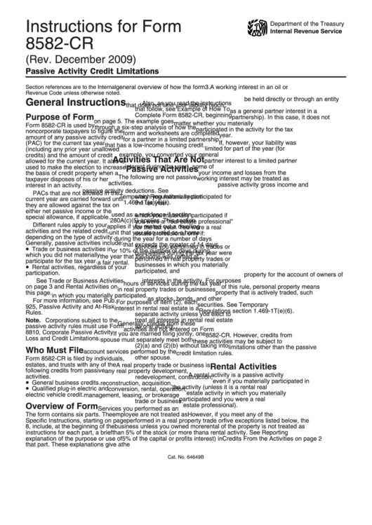 Instructions For Form 8582-Cr (Rev. December 2009) Printable pdf