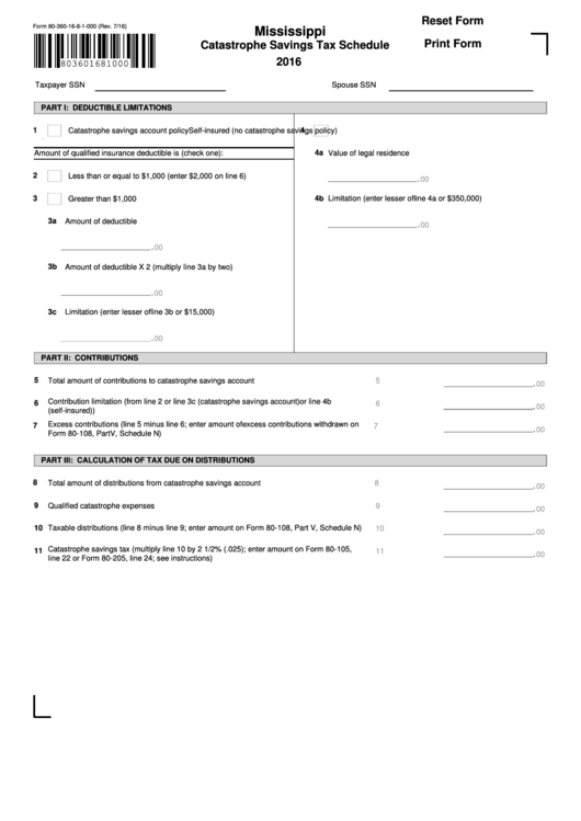 Fillable Form 80-360-16-8-1-000 - Catastrophe Savings Tax Schedule Printable pdf