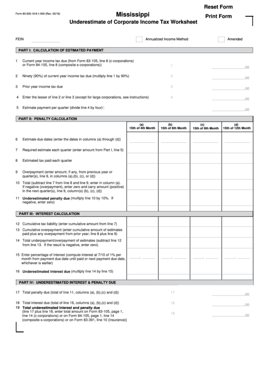 Fillable Form 83-305-16-8-1-000 - Underestimate Of Corporate Income Tax Worksheet Printable pdf