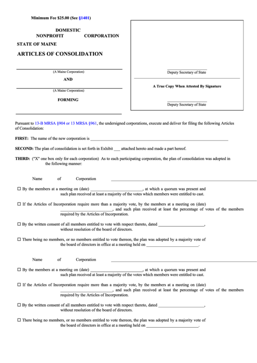 Fillable Form Mnpca-10a - Domestic Nonprofit Corporation Articles Of Consolidation Printable pdf