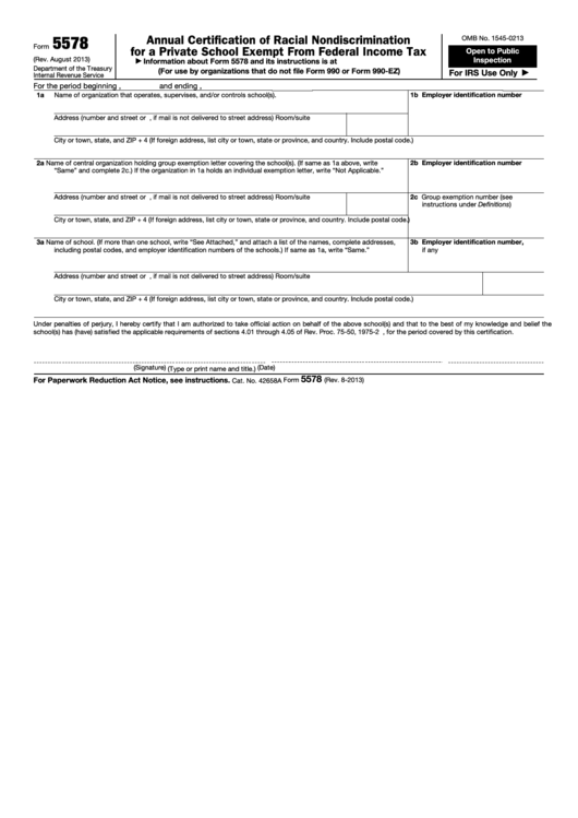 Form 5578 - Annual Certification Of Racial Nondiscrimination For A Private School Exempt From Federal Income Tax Printable pdf