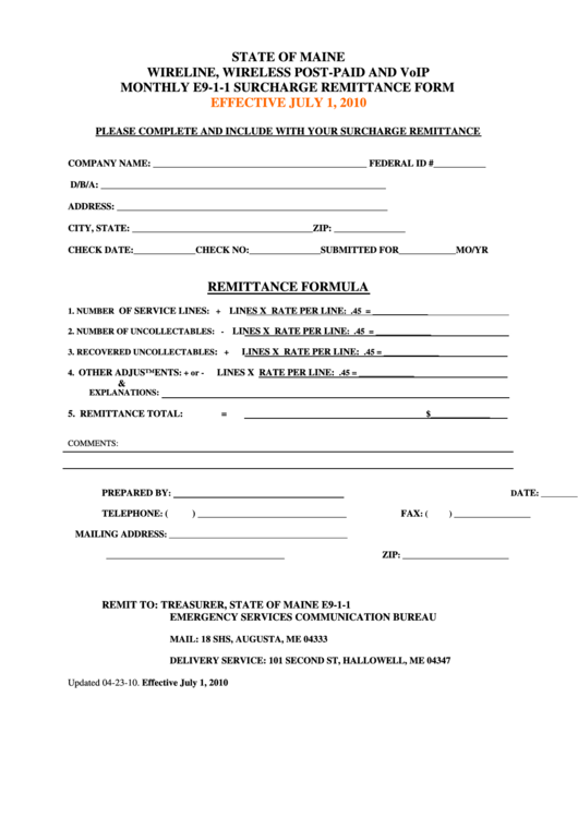 Surcharge Remmitance Form - Wireline, Wireless Post-Paid And Voip Printable pdf