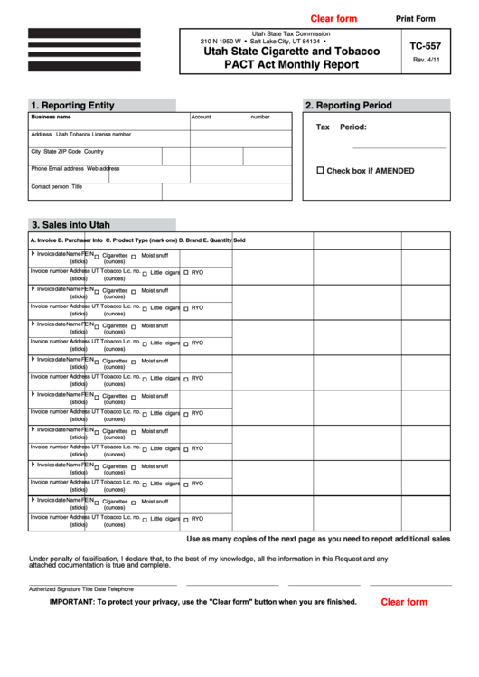 Fillable Form Tc-557 - Utah State Cigarette And Tobacco Pact Act Monthly Report Printable pdf