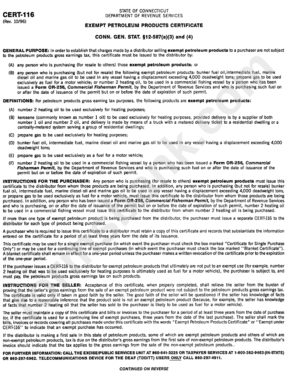 Form Cert-116 - Exempt Petroleum Products Certificate - 1996