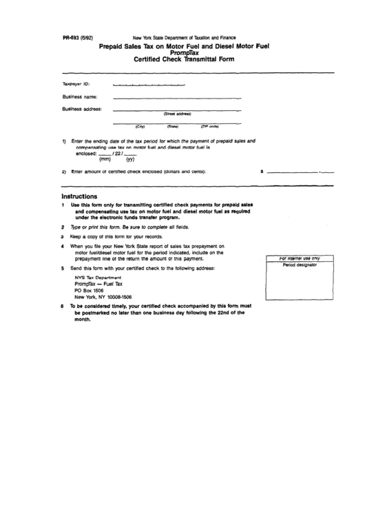 Fillable Form Pr-693 - Prepaid Sales Tax On Motor Fuel And Diesel Motor Fuel Promptax Certified Check Transmittal Form - 1992 Printable pdf