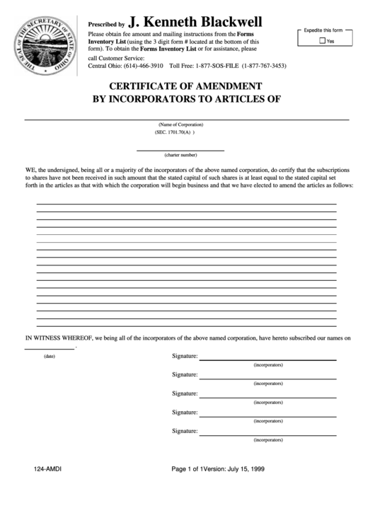 Form 124-Amdi - Certificate Of Amendment By Incorporators To Articles - 1999 Printable pdf