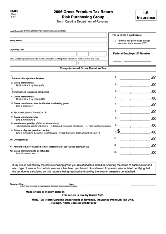 Form Ib-83 - 2006 Gross Premium Tax Return - Risk Purchasing Group Printable pdf