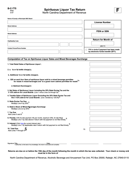 Form B-C-775 - Spirituous Liquor Tax Return Printable pdf