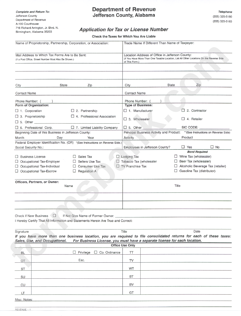Application For Tax Of License Number Form - 2001