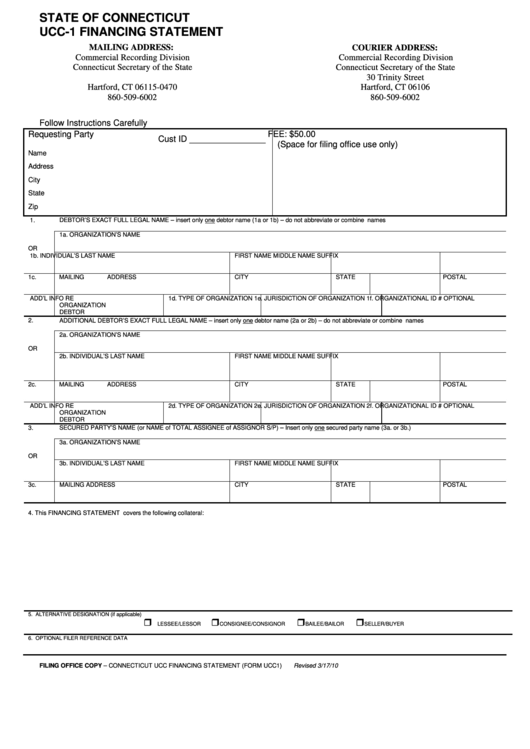 Form Ucc-1 - Financing Statement - Connecticut Secretary Of The State - 2010 Printable pdf