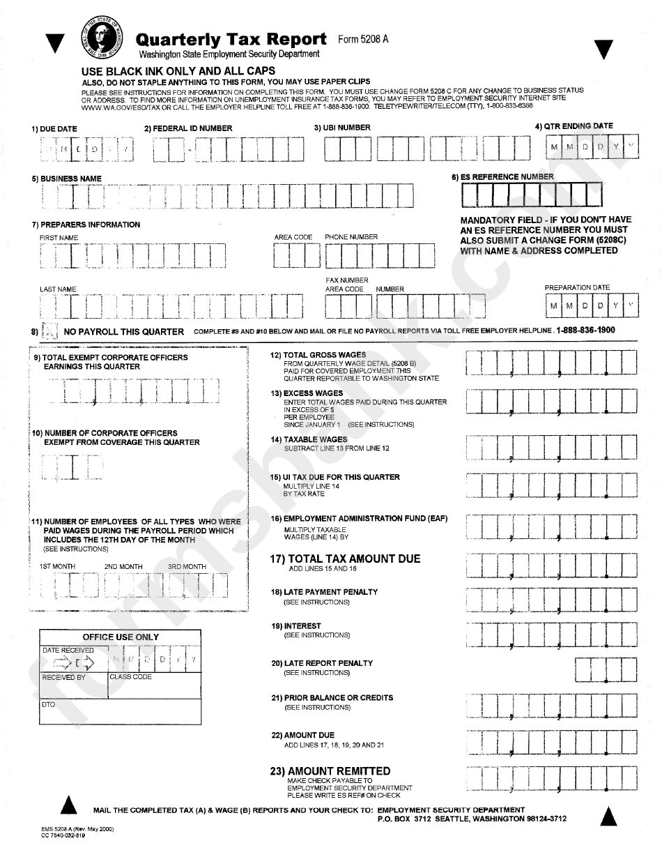 Form 5208 A - Quarterly Tax Report - 2000