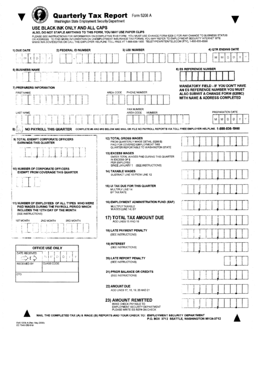 Form 5208 A - Quarterly Tax Report - 2000 Printable pdf