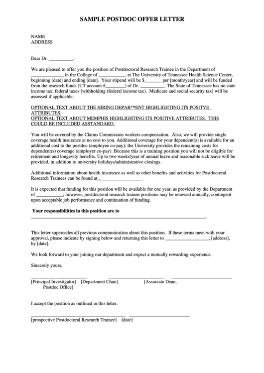 Sample Postdoc Offer Letter Template Printable pdf