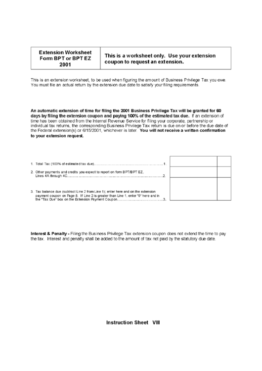 Form Bpt Or Bpt Ez - Extension Worksheet 2001 Printable pdf