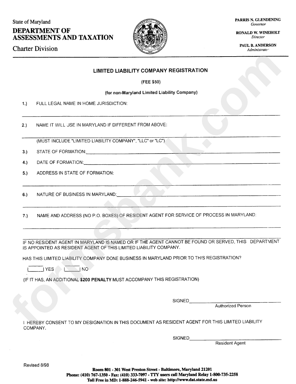 Limited Liability Company Registration Form - Department Of Assessments And Taxation - 1998