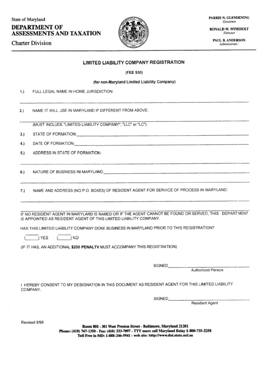 Limited Liability Company Registration Form - Department Of Assessments And Taxation - 1998 Printable pdf