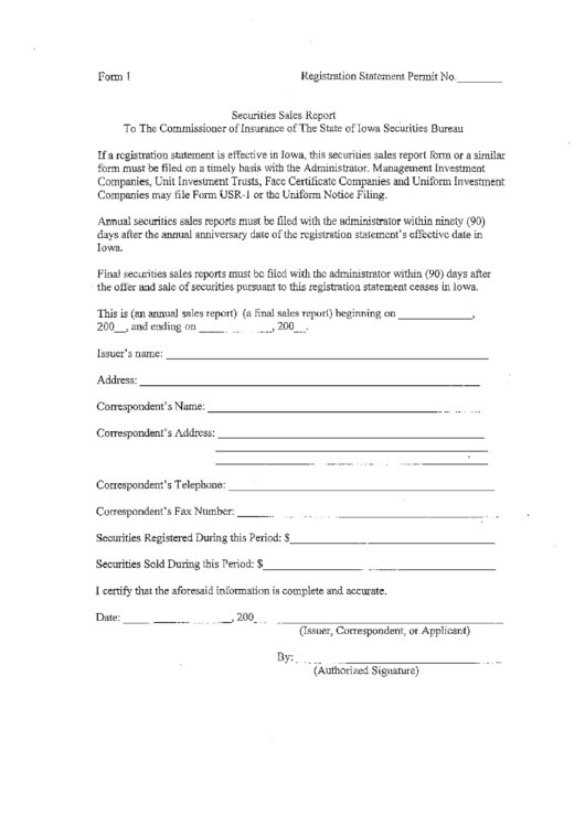 Form 1 - Securities Sales Report To The Commissioner Of Insurance Of The State Of Iowa Securities Bureau Printable pdf