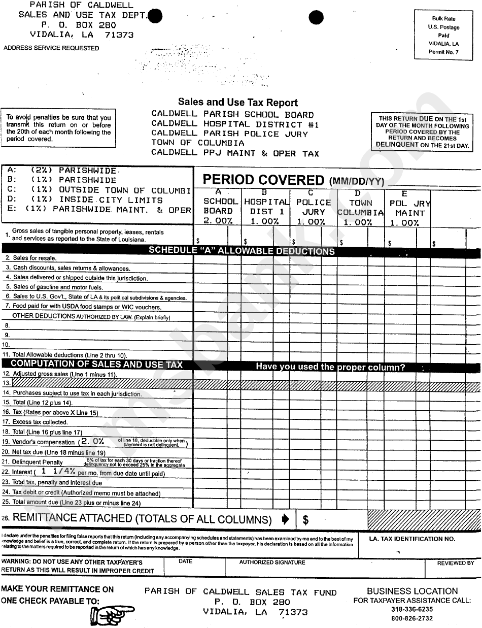 Sales And Use Tax Report Form - Parish Of Caldwell