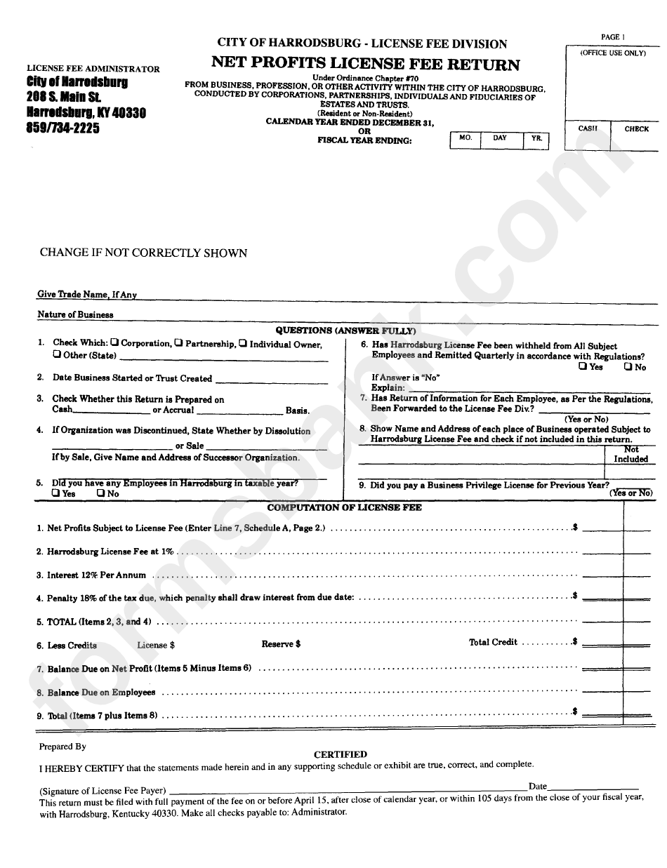 Net Profits License Fee Return Form - License Fee Administrator - City Of Harrodsburg