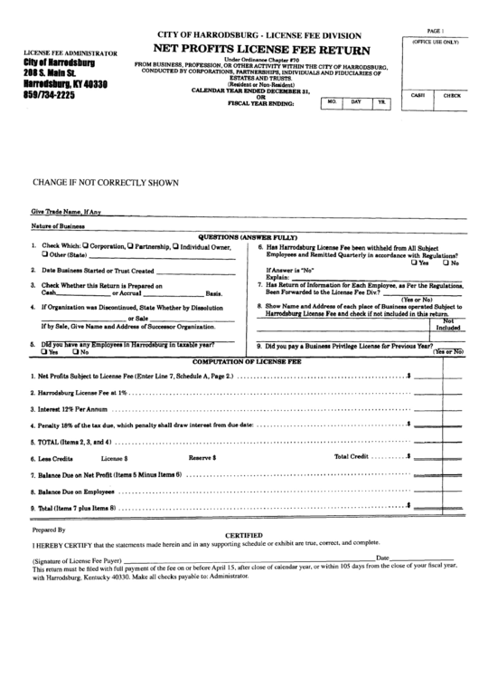 Net Profits License Fee Return Form - License Fee Administrator - City Of Harrodsburg Printable pdf