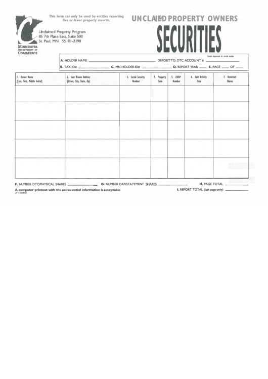 Unclaimed Property Owners Security Form Printable pdf