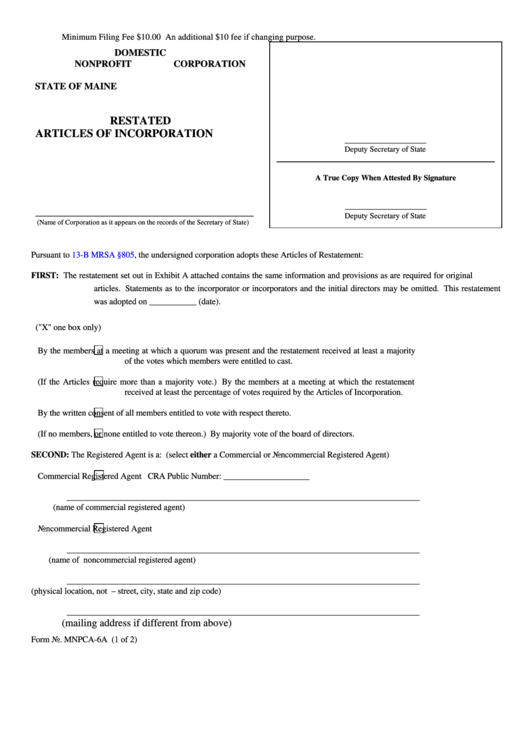 Fillable Form Mnpca-6a - Restated Articles Of Incorporation - 2008 Printable pdf