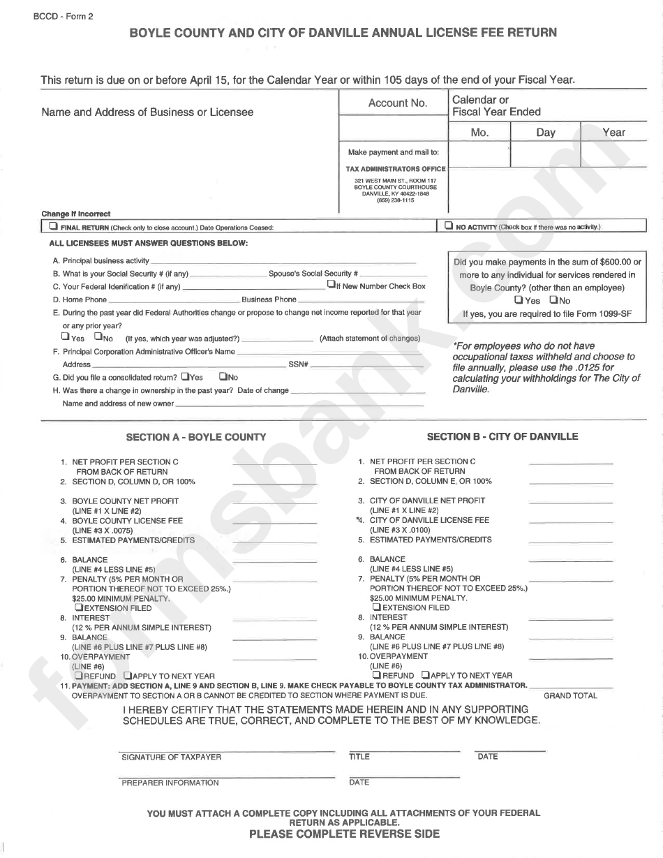 Bccd - Form 2 - Boyle County And City Of Danville Annual License Fee Return