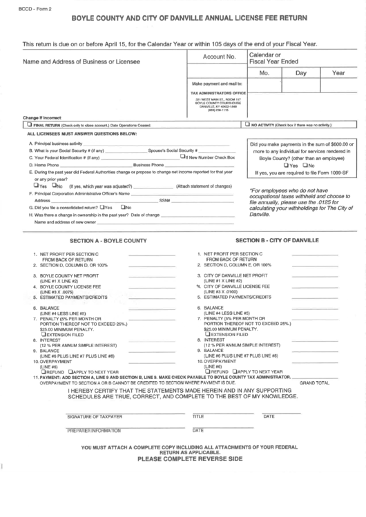 Bccd - Form 2 - Boyle County And City Of Danville Annual License Fee Return Printable pdf