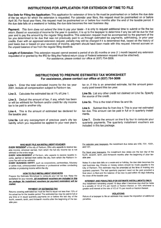 Instructions To Prepare Estimated Tax Worksheet Printable pdf