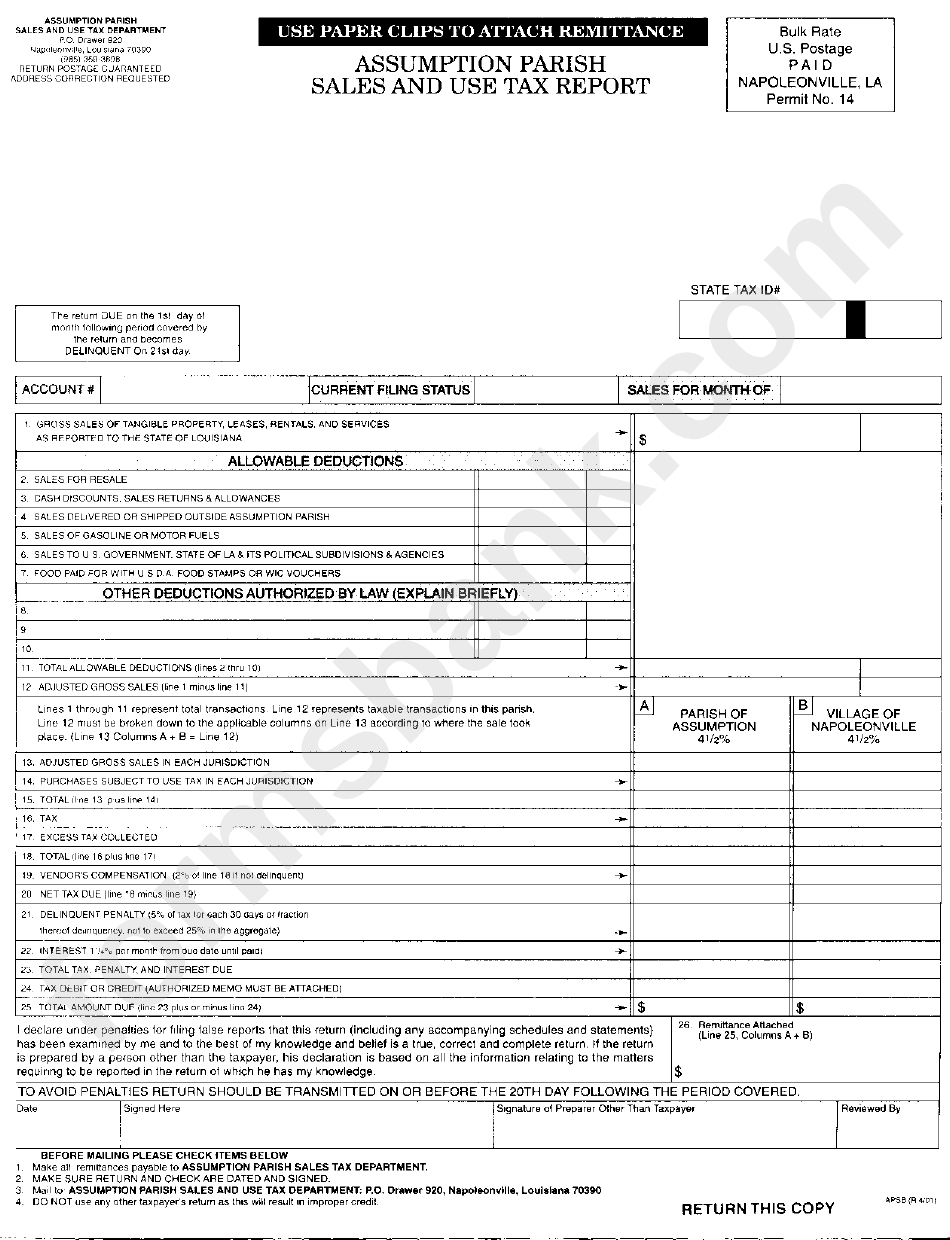 Assumption Parish Sales And Use Tax Report Form 2001