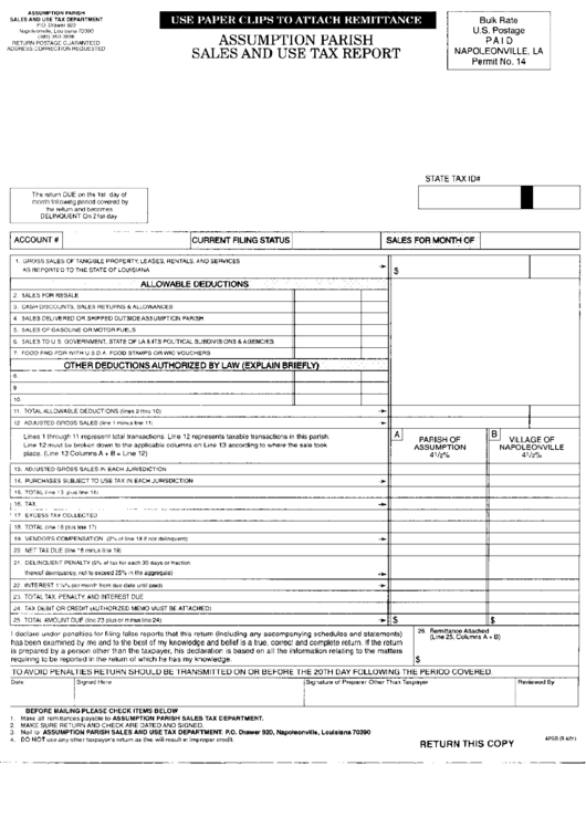 Assumption Parish Sales And Use Tax Report Form 2001 Printable pdf