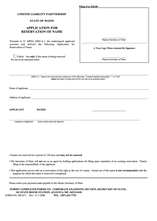 Fillable Form Mllp-1 - Application For Reservation Of Name - 2008 Printable pdf