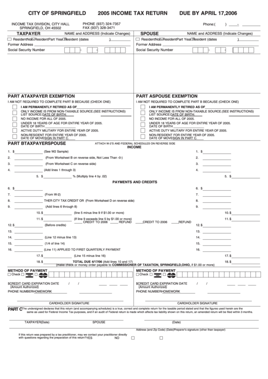 Income Tax Return Form - Springfield Income Tax Division - 2005 Printable pdf