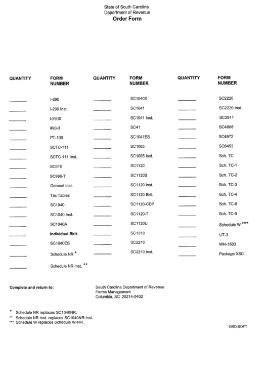 Order Form - State Of South Carolina Department Of Revenue Printable pdf