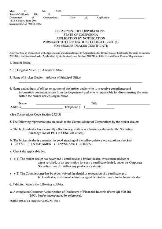 Form 260.211.1 - Application For Broker-Dealer Certificate Printable pdf