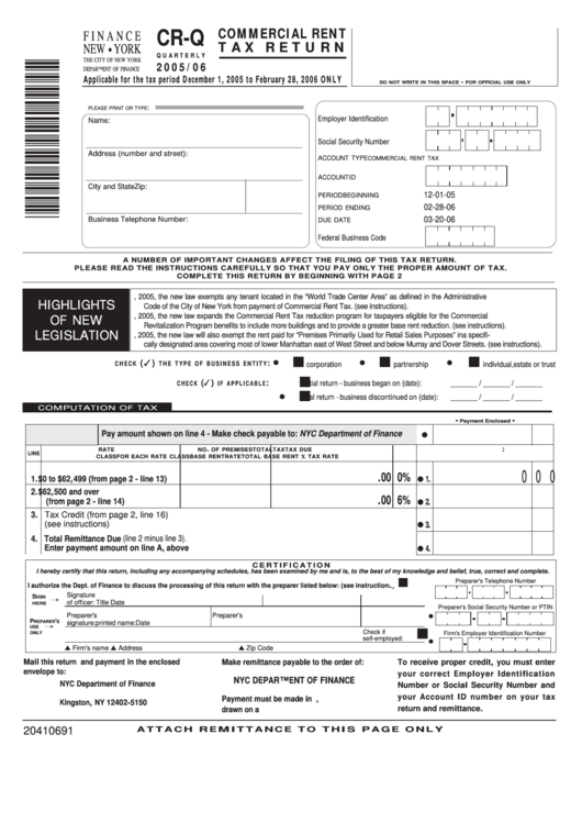 Form Cr-Q - Commercial Rent Tax Return - 2005/06 Printable pdf