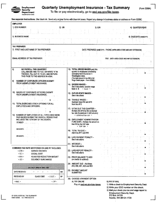 Form 5208a - Quarterly Unemployment Insurance - Tax Summary Printable pdf