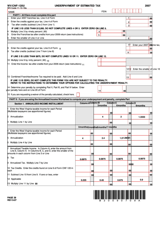 Form Cnf-120u - Underpayment Of Estimated Tax - 2007 Printable pdf