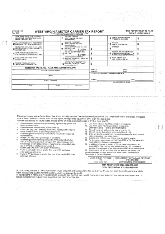 Form Wv/mcq-1707 - West Virginia Motor Carrier Tax Report 1993 Printable pdf