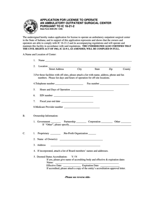Fillable State Form 9340 - Application For License To Operate An Ambulatory Outpatient Surgical Center Pursuant To Ic 16-21-2 - 2000 Printable pdf