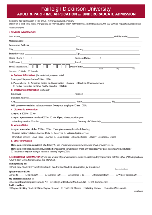 Adult & Part-time Application For Undergraduate Admission Form