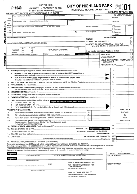 Form Hp 1040 - City Of Highland Park Income Tax Return 2001 Printable pdf
